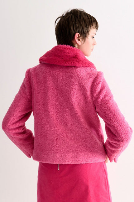 Apple Borg Faux Fur Collar Cropped Jacket – Pink - Detail 1