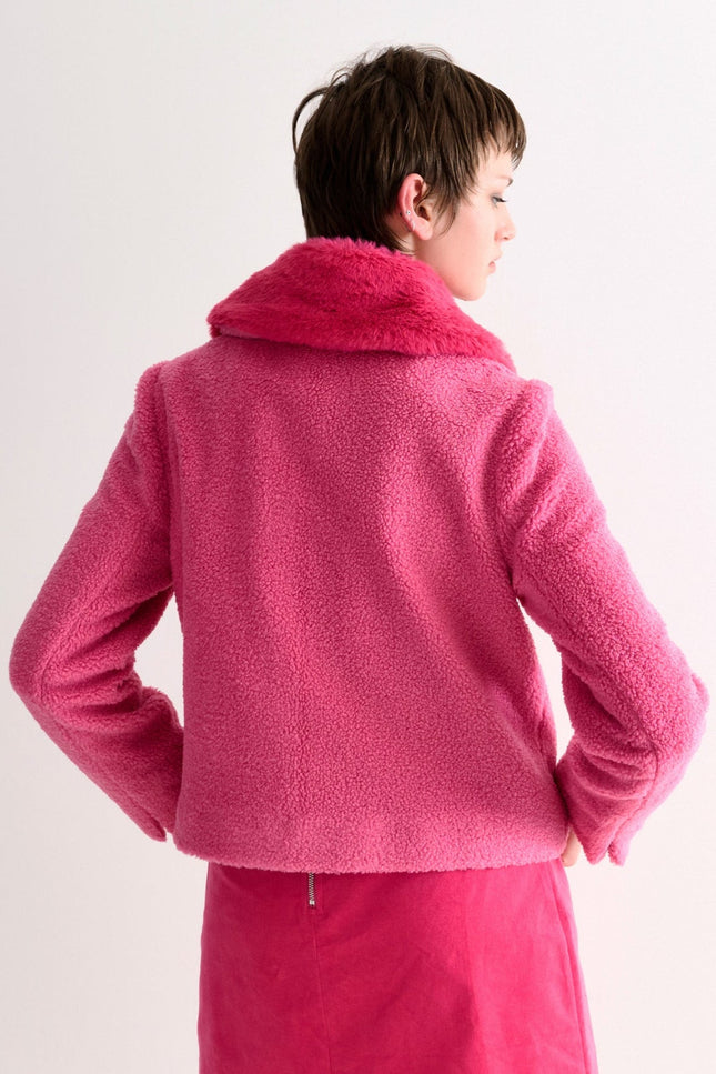 Apple Borg Faux Fur Collar Cropped Jacket – Pink - Detail 1
