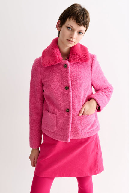Apple Borg Faux Fur Collar Cropped Jacket – Pink - Back