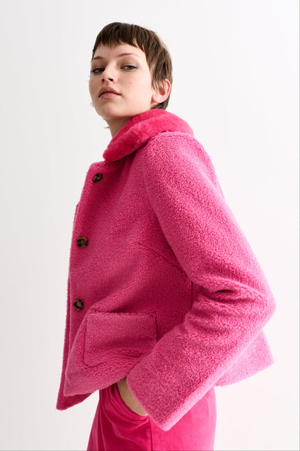 Apple Borg Faux Fur Collar Cropped Jacket – Pink - Front