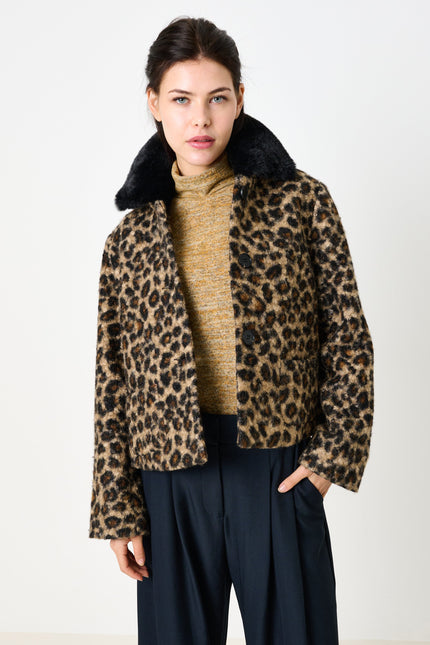 Apple Animal Teddy Faux Fur Collar Jacket - Black - Front