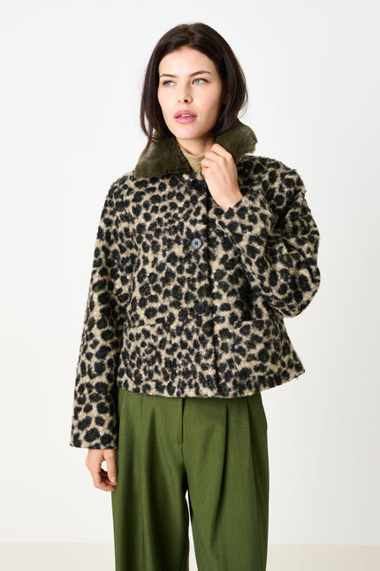 Apple Animal Teddy Faux Fur Collar Jacket - Green - Back
