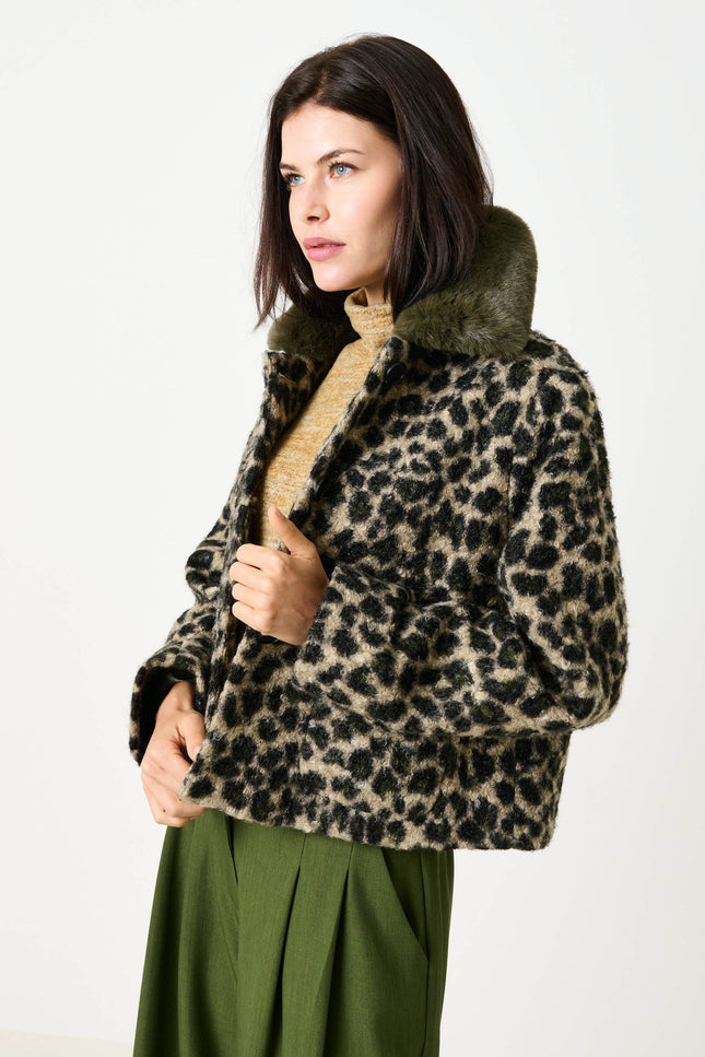 Apple Animal Teddy Faux Fur Collar Jacket - Green - Detail 2