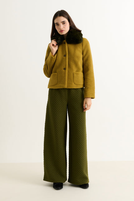 Apple Borg Faux Fur Collar Cropped Jacket – Mustard - Detail 3
