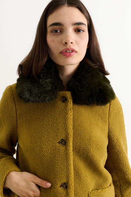 Apple Borg Faux Fur Collar Cropped Jacket – Mustard - Detail 1