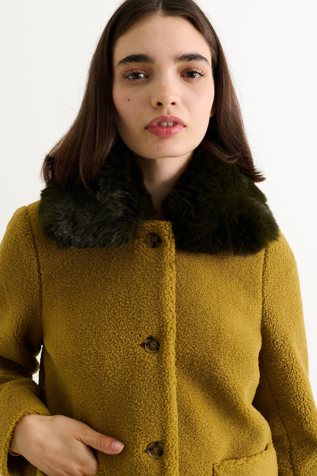 Apple Borg Faux Fur Collar Cropped Jacket – Mustard - Detail 1