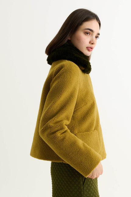 Apple Borg Faux Fur Collar Cropped Jacket – Mustard - Back