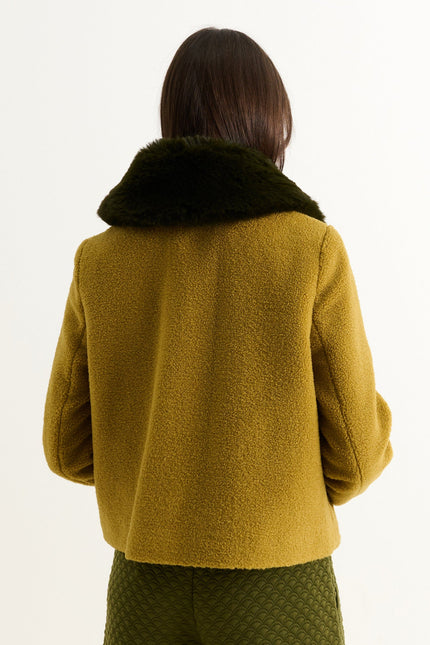 Apple Borg Faux Fur Collar Cropped Jacket – Mustard - Detail 2