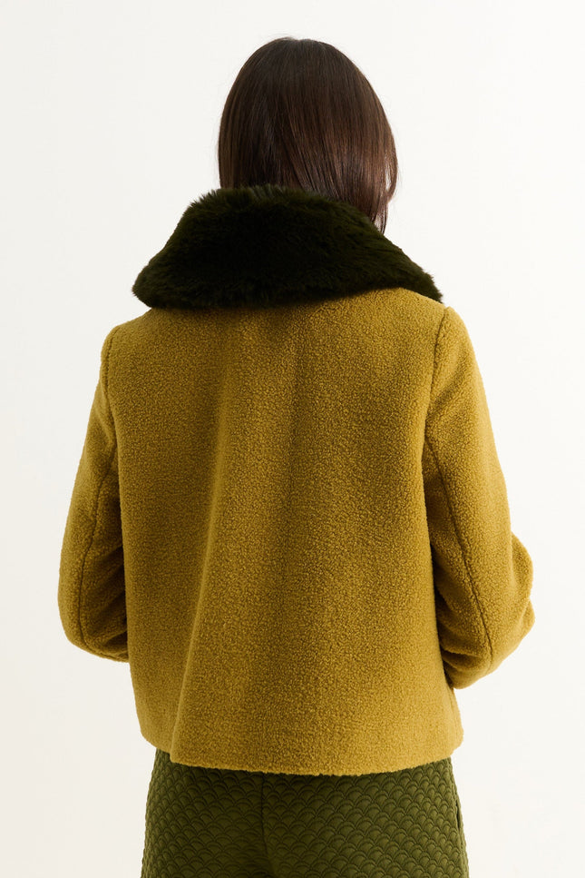 Apple Borg Faux Fur Collar Cropped Jacket – Mustard - Detail 2