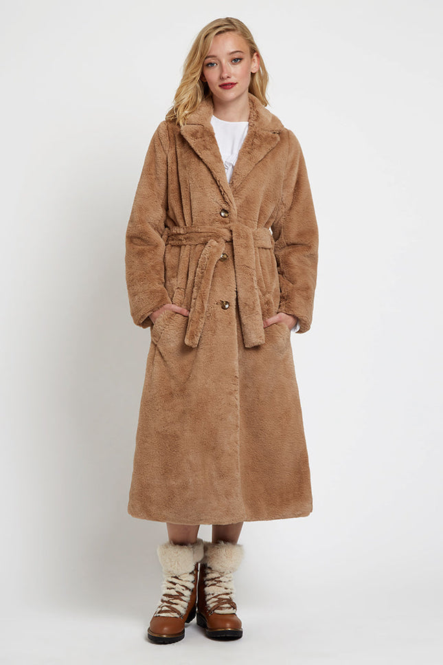 Arinette Faux Fur Tie Waist Coat - Camel - Detail 3