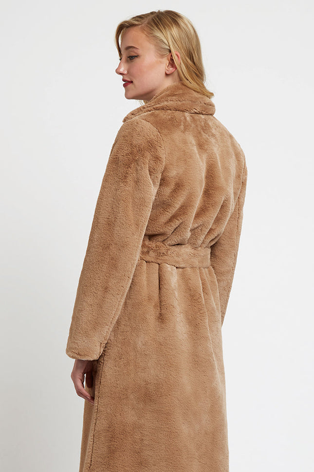 Arinette Faux Fur Tie Waist Coat - Camel - Back