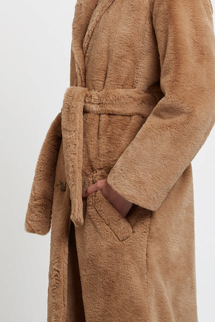 Arinette Faux Fur Tie Waist Coat - Camel - Detail 2