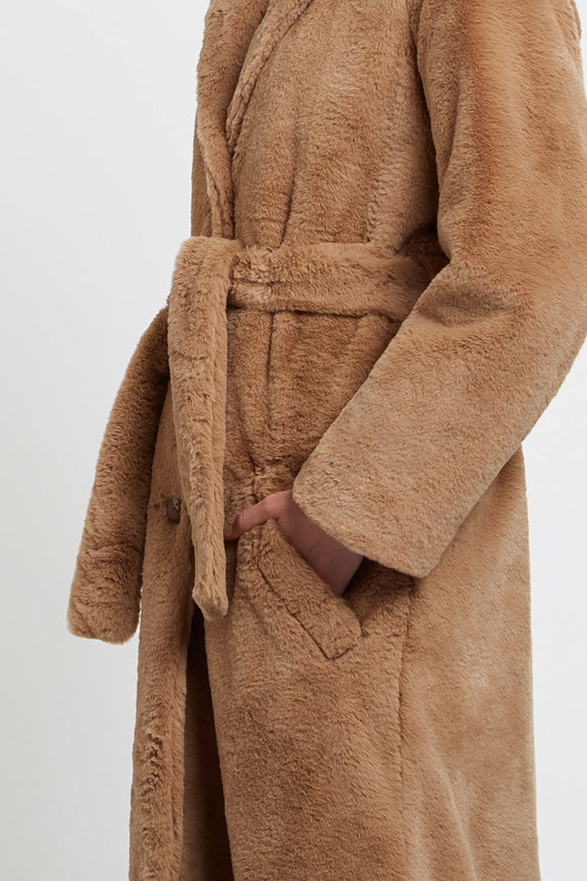 Arinette Faux Fur Tie Waist Coat - Camel - Detail 2