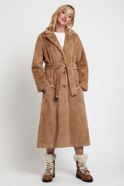 Arinette Faux Fur Tie Waist Coat - Camel - Front