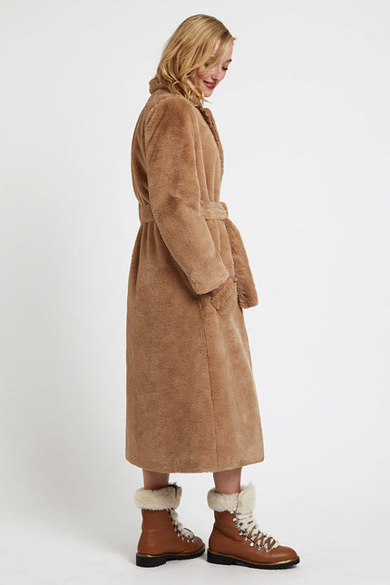 Arinette Faux Fur Tie Waist Coat - Camel - Detail 1