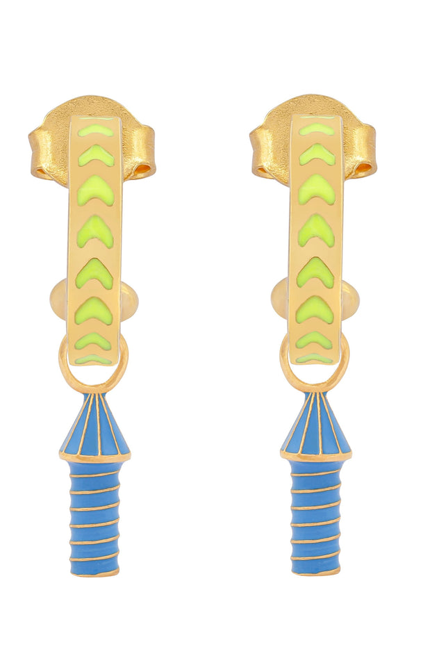 image of rocket enamel earrings in neon yellow, blue and gold on white background