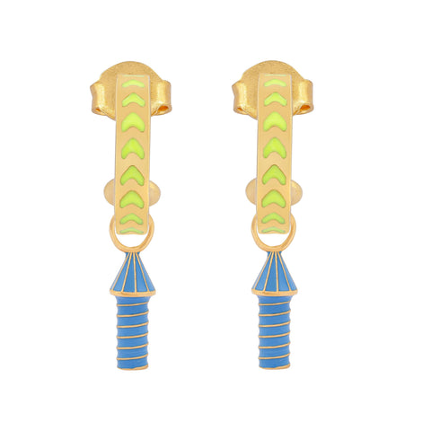 image of rocket enamel earrings in neon yellow, blue and gold on white background