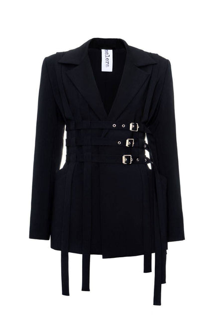 A black wool jacket with three vertical bands with buckles, notched lapel, and long sleeves.