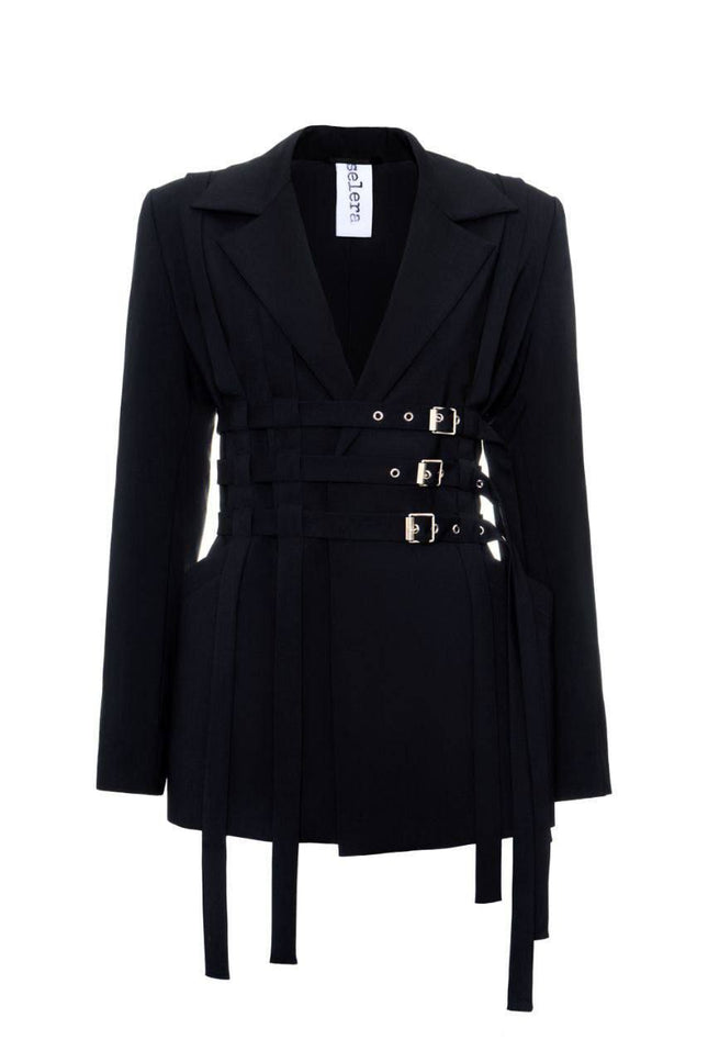 A black wool jacket with three vertical bands with buckles, notched lapel, and long sleeves.
