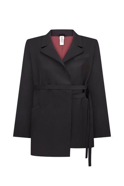 A black woolen jacket with two belts