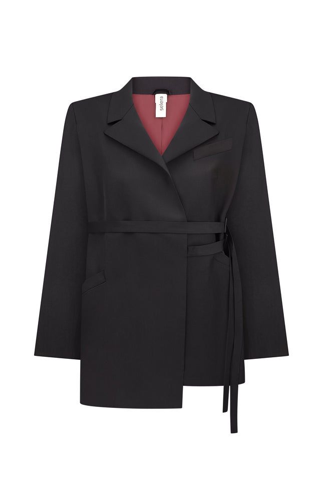 A black woolen jacket with two belts
