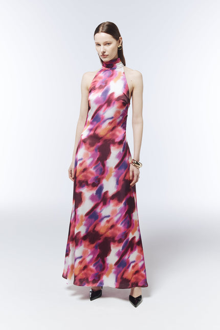 SOUR FIGS abstract watercolour halterneck maxi dress in ember violet with red, pink and purple print