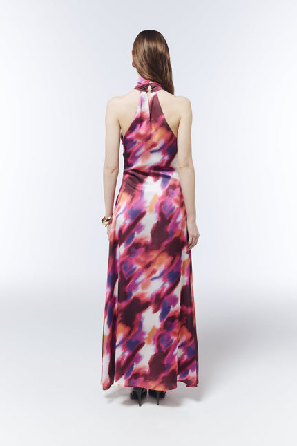 SOUR FIGS printed occasion maxi dress with open shoulders and fluid flared skirt