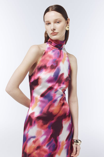 SOUR FIGS high neck halter maxi dress in ember violet with vivid painterly watercolour pattern