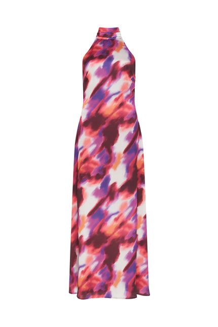 SOUR FIGS sleeveless halterneck dress in ember violet with burgundy, orange and ivory abstract print