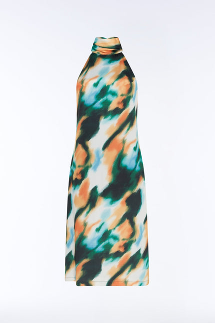 SOUR FIGS Abstract Watercolour Halterneck Midi Dress in Emerald Amber with green, amber and blue painterly print