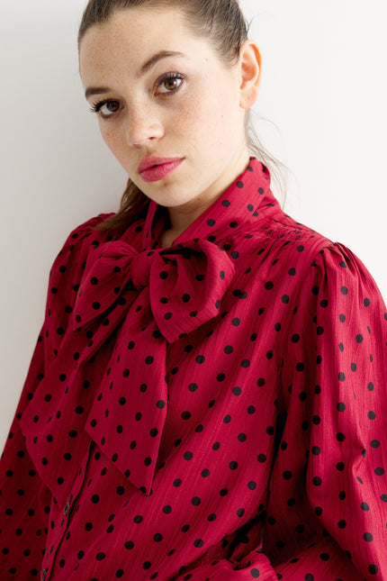 Aditi Spot Tie Neck Blouse - Wine