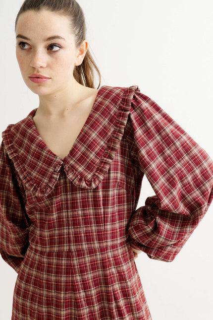 Alva Shadow Check Long Sleeve Midi Dress - Russet