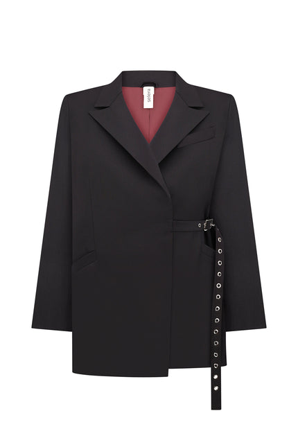 An oversized black woolen jacket with a belt featuring silver-colored buckles, displayed on a plain background.
