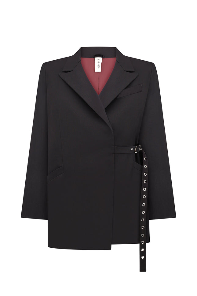 An oversized black woolen jacket with a belt featuring silver-colored buckles, displayed on a plain background.