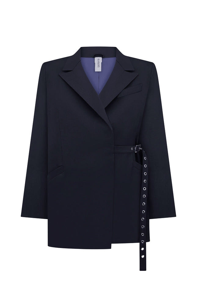 Navy blue woolen jacket with a belt, featuring a mandarin collar, two pockets, and adjustable belt loops.