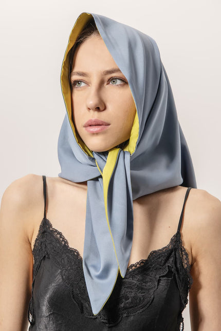 EVÉN I Anna Double-Sided Satin Head Scarf - Olive and Blue Sky