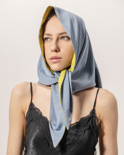 EVÉN I Anna Dwustronna Satynowa Chusta Na Głowę - oliwka i błękitna