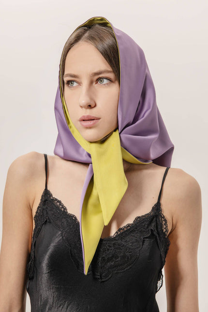 EVÉN I Anna Double-Sided Satin Head Scarf, Olive and Purple