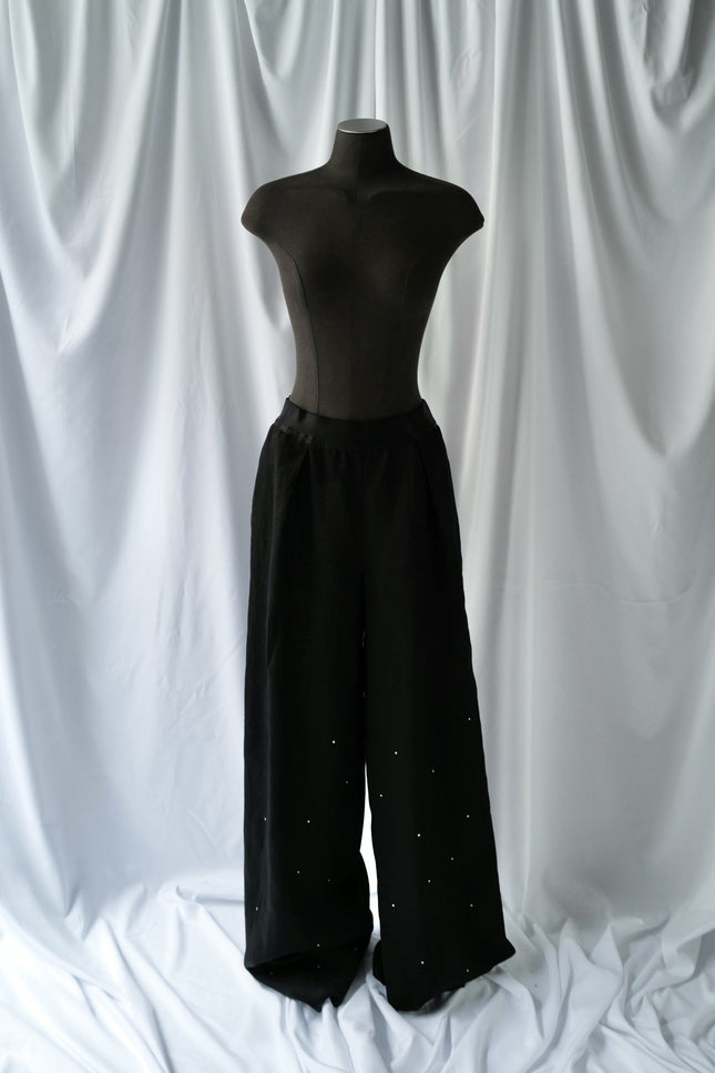 Anna Led | Embroidered Linen Wide Pull Up Trousers THE DOTS