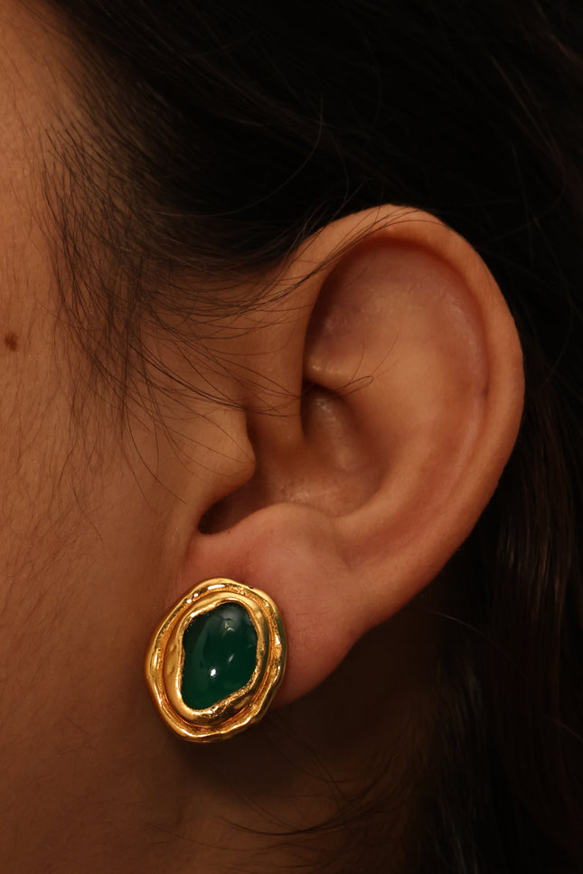 Close up shot of Arvino's Green Onyx ocean Stud Earrings with 22KT Real Gold Plating From its Demi Fine Jewellery Collection