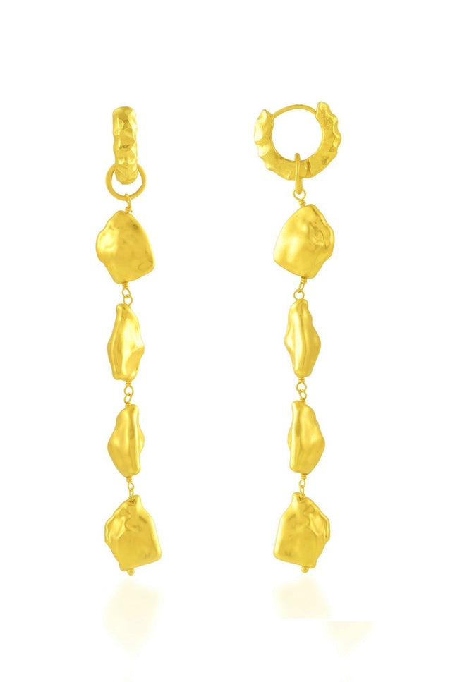 White background shot of Asymmetrical Nugget Dangler Earrings By Arvino