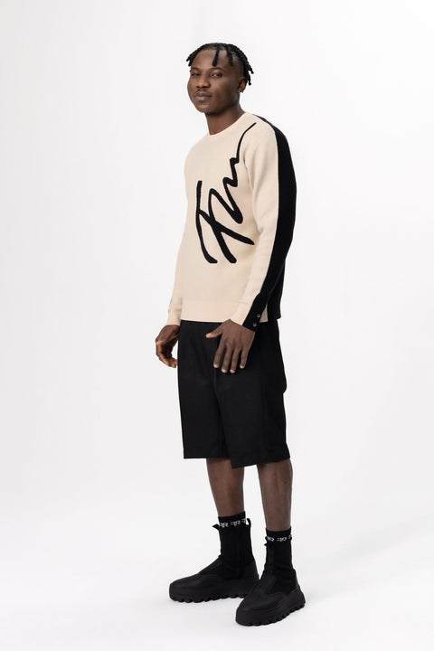 Jacquard fine knit FREISI sweater-a visually striking design featuring the contrasting jacquard Freisi logo adorning the front, shoulder line, and back