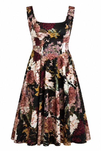The Sarvin Golha Floral Corset Dress is a sleeveless, knee-length skater dress with a fitted bodice and flared skirt, crafted from premium jersey featuring burgundy, pink, and green florals on black.