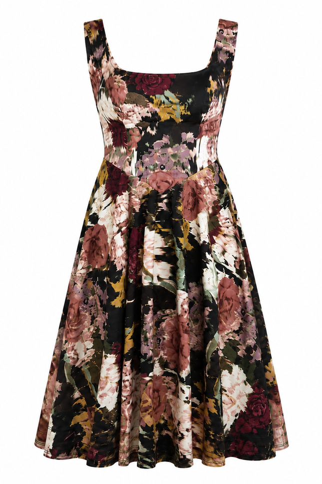 The Sarvin Golha Floral Corset Dress is a sleeveless, knee-length skater dress with a fitted bodice and flared skirt, crafted from premium jersey featuring burgundy, pink, and green florals on black.