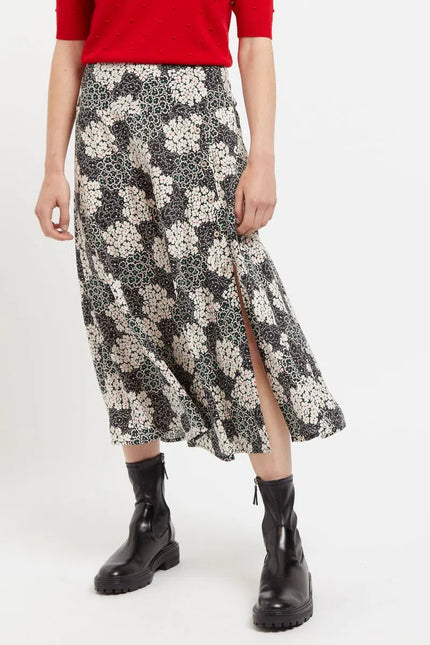 Louche Barney Flower Patch Print Midi Skirt in Black & White - Front