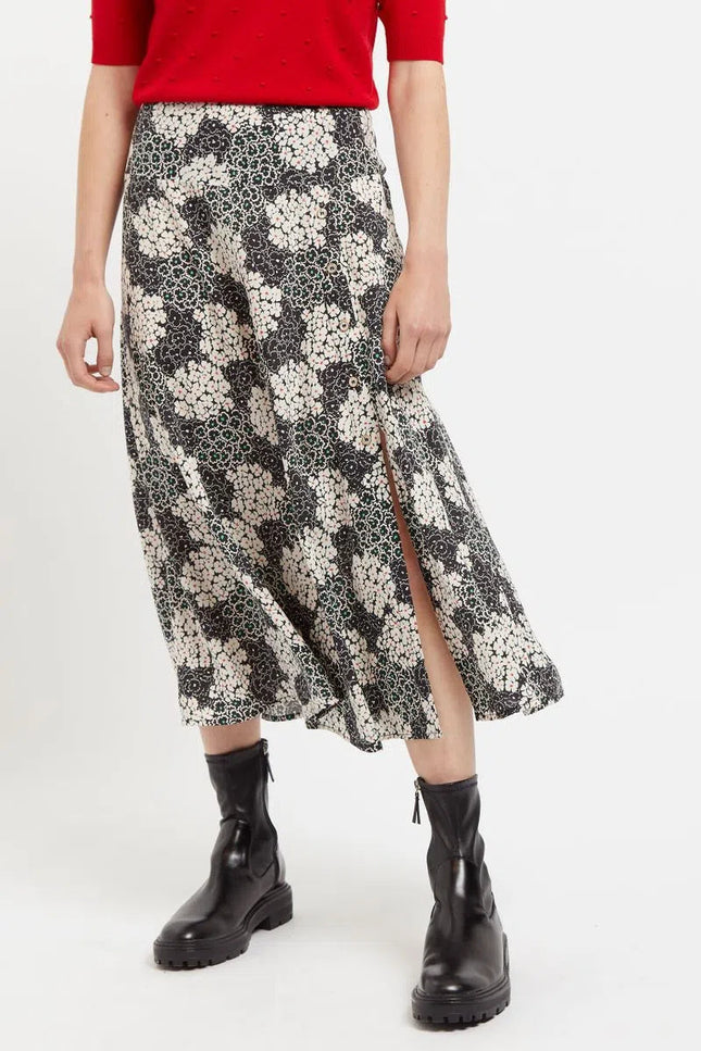 Louche Barney Flower Patch Print Midi Skirt in Black & White - Front