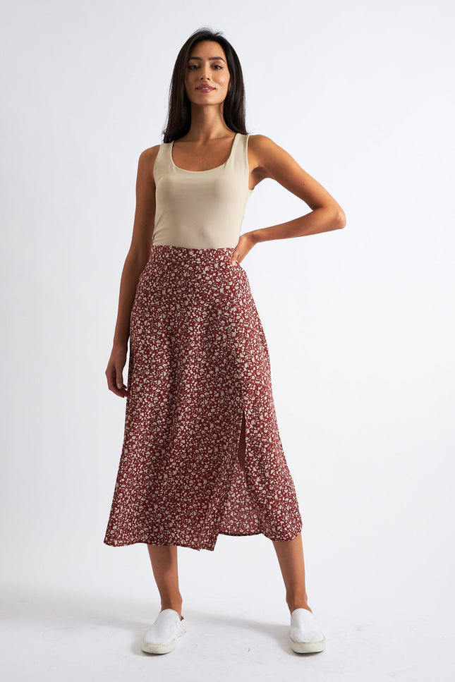 Barney Floral Print Midi Skirt Rust - Front