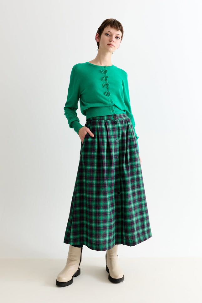 Bia Winter Check Button Through Skirt – Green - Front