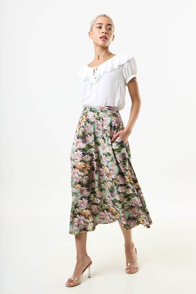 Brisa 3D Daisy Print Midi Skirt - Green - Back