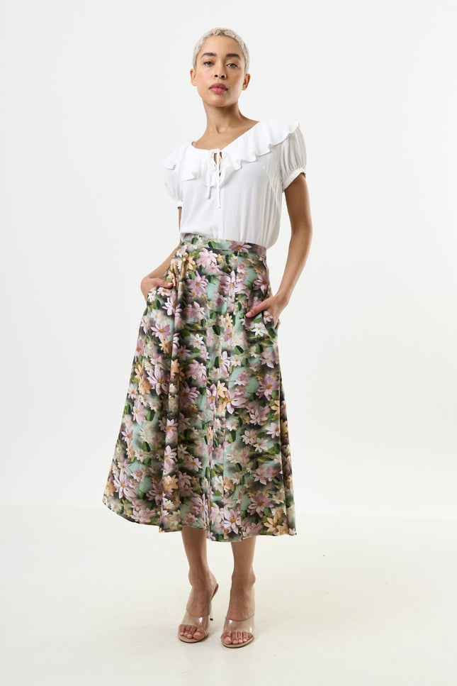 Brisa 3D Daisy Print Midi Skirt - Green - Front